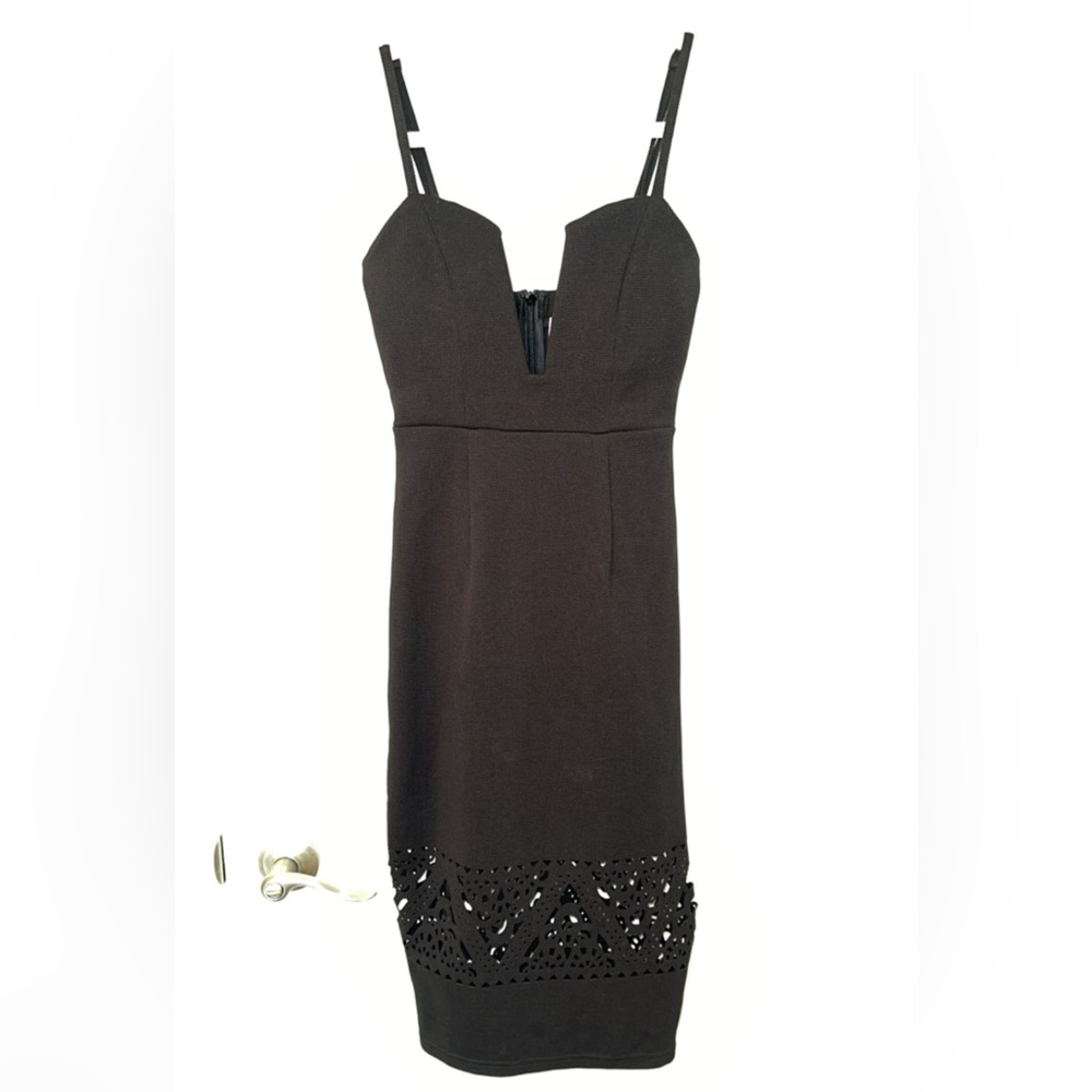 Black adjustable spaghetti strap plunging midi-dress, size XS